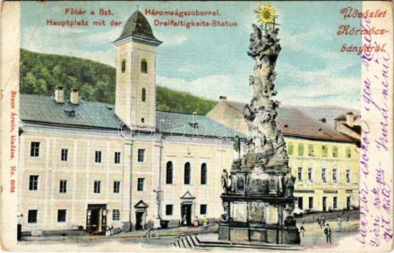 Körmöcbánya, Kremnitz, Kremnica; Fő tér, Szentháromság szobor, üzletek, gyógyszertár. Braun Ármin kiadása / main square, trinity statue, shops, pharmacy (EB)