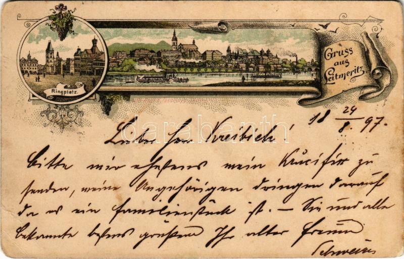 1897 (Vorläufer!) Litomerice, Leitmeritz; Ringplatz / square, general view. Art Nouveau, floral, litho (EB)
