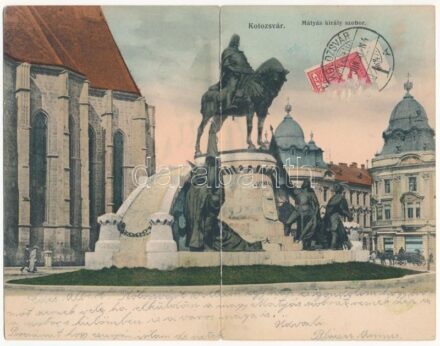 1910 Kolozsvár, Cluj; Mátyás király szobor. Két oldalas kinyitható panorámalap / statue. 2-tiled folding panoramacard (hajtásnál szakadt / benmt til broken)