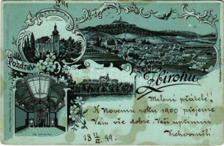 1899 (Vorläufer) Zbiroh, Kostel Sv. Mikulase, Zámek, Sál zámecky / church, castle, castle interior. Lit. Th. Böhm. Art Nouveau, floral, litho (fl)