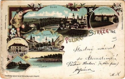 1898 (Vorläufer) Stráz nad Nezárkou, Platz an der Naser; Radnice, skola, zámek, Zámek Jemcina, C.k. posta, Voroplavba na Lestine, Zámecky park / town hall, school, castles, timber rafting, castle park. Karel Schwidernoch Art Nouveau, floral,