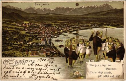 1900 Bregenz, Gruss aus... Bregenz liegt am Bodensee, Wer's nicht glaubt, geh' selbst und seh! / general view, frog choir. Kunstanstalt Lautz & Isenbeck Art Nouveau, litho (EK)
