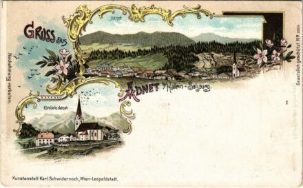 Adnet, Kirche / general view, church. Kunstanstalt Karl Schwidernoch. Art Nouveau, floral, litho (pinhole)