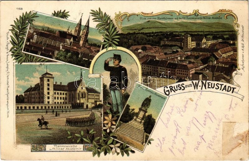 1901 Wiener Neustadt, Bécsújhely; Theresianische Militär Akademie, Maria Theresia Monument, Blick von den Pfarrtürmen auf die K.K. Theresianische Militär-Akademie / Austro-Hungarian K.u.K. military academy, soldier, monument. Art Nouveau,