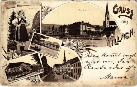 1897 (Vorläufer!) Villach (Kärnten), Gailthalerin, Kafe Drau, Faaker See / café, bridge, lake, street view, folklore. Druck v. Regel u. Krug Art Nouveau, floral, litho (worn corners)