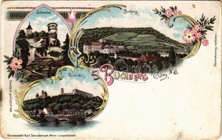 Buchberg am Kamp (Gars), Schlosshof, Buchberg, Ruine Gars / castle ruins, castle, general view. Kunstanstalt Karl Schwidernoch. Art Nouveau, floral, litho (fa)