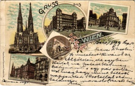 1899 (Vorläufer) Wien, Vienna, Bécs; Votivkirche, K.k. Polizei-Direktion, Philipp Hof, Christinen-Denkmal, Arkadenhäuser Reichsratstrasse / church, police headquarters, street view, monument. Kunstanstalt Rosenblatt Art Nouveau, floral, litho