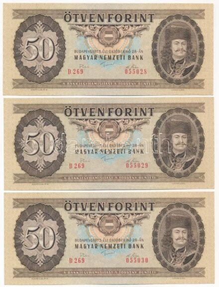 1975. 50Ft (3x) 'D 269 055028 - D 269 055030' sorszámkövetők T:III szép papír Adamo F21