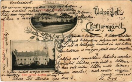 1900 Csáktornya, Cakovec; Uradalmi tisztilak, Zala-Újvári kastély. Fischel Fülöp (Strausz Sándor) kiadása / officers villa, castle. Art Nouveau, floral (Rb)