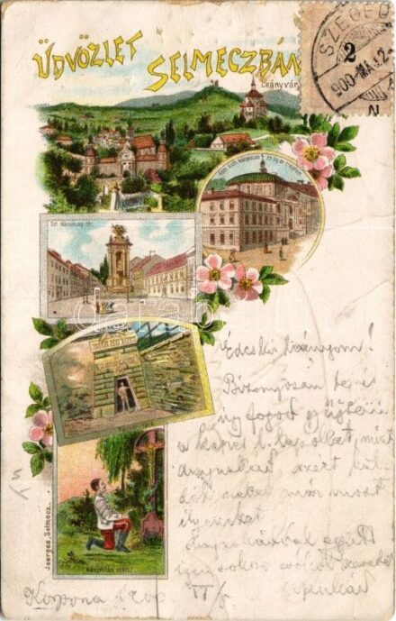 1900 Selmecbánya, Schemnitz, Banská Stiavnica; Leányvár, Szentháromság tér, Pacher-táró (Glanzenberg-altárna), Római Katolikus leányiskola és Ágostai Evangélikus templom, Beszállás előtt! katona. Joerges / castle, square, mine,