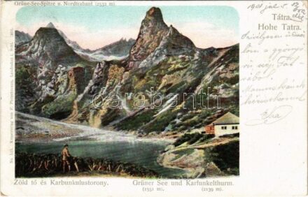 1901 Tátra, Magas-Tátra, Vysoké Tatry; Zöld tó és Karbunkulustorony / Grüner Seer und Karfunkelthurm. F. Pietschmann No. 515. (EK)