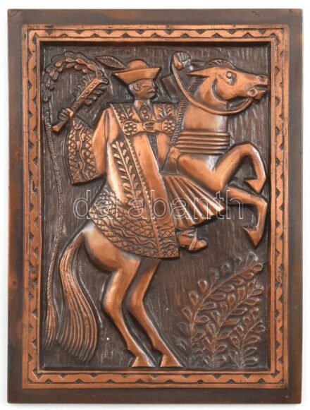 Rajki László (1939-): Lovát ugrató csikós. Bronz falikép, jelzés nélkül, 19x14 cm