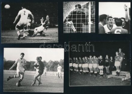 1960 Római Olimpia magyar labdarugó válogatottról készült 7 db fotó, rajta Albert Flórián és mások, jelzett sajtófotók, különféle méretben, max: 8x11cm. / Roma Olympic Games Hungarian football taem photos.