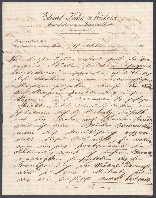 cca 1880 Eduard Kohn Miskolc fejléces számla