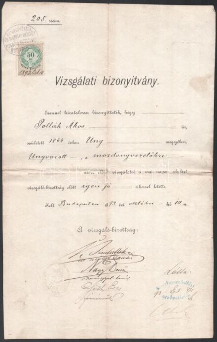 1893 Mozdonyvezetői vizsgabizonyítvány