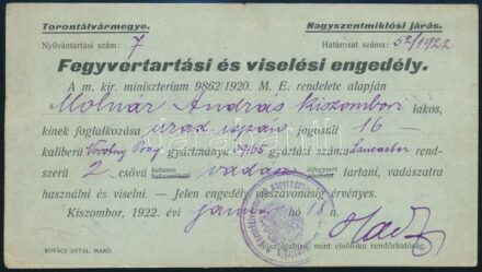 1922 Kiszombor, vadász fegyverviselési engedélye