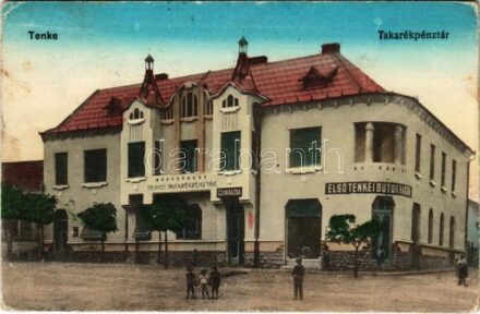 1918 Tenke, Tinca; Takarékpénztár, Első tenkei bútor raktár, cukrászda. Ritter Jakab kiadása / savings bank, furniture store shop, confectionery (Rb)