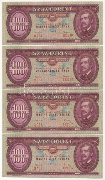 1962. 100Ft (4x) 'B 763 183330-183334' 3db sorszámkövető és 1db egyugrású sorszámmal T:I-II Adamo F31
