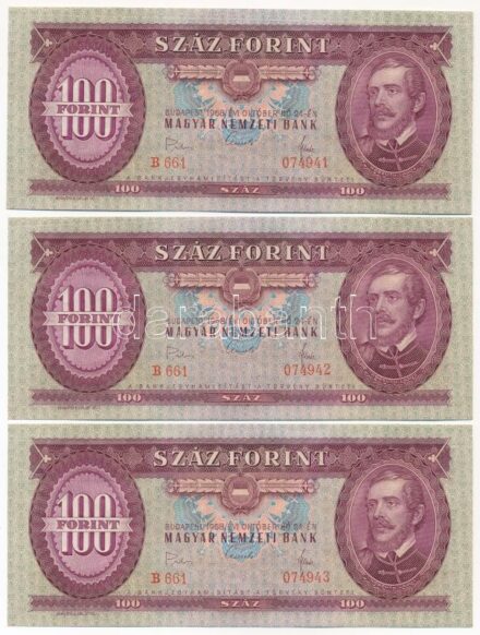 1968. 100Ft (3x) 'B 661 074941 - B 661 074943' sorszámkövetők T:I,I- nyomdai papírránccal, hullámos papír Adamo F32