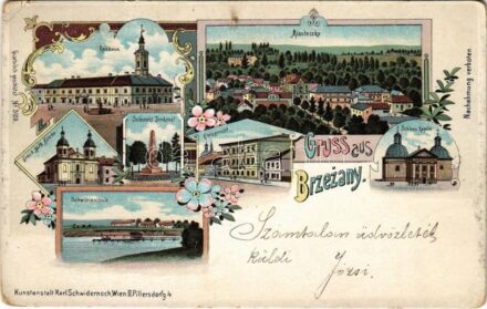 1900 Berezhany, Brzezany, Berezsani; Rathaus, Miasteczko, Griech. Kath. Kirche, Sobieski Denkmal, Kreisgericht, Schloss Kapelle, Schwimmschule / town hall, Greek Catholic church, monument, district court, castle chapel, swimming school.