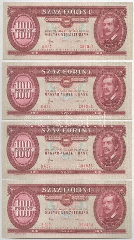 1984. 100Ft (4x) 'B 627 204951 - B 627 204954' sorszámkövetők T:II nyomdai papírránccal, egyiken kis folt Adamo F35