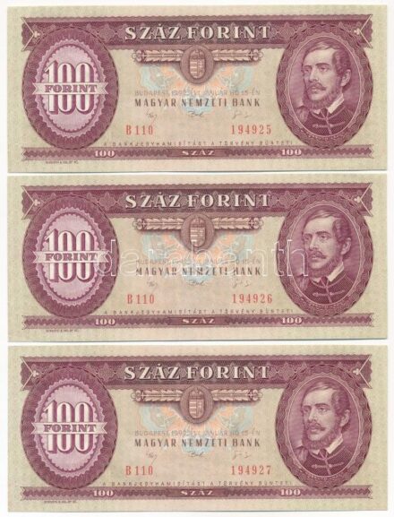 1992. 100Ft (3x) 'B 110 194925 - B 110 194927' sorszámkövetők T:I-,II kissé hullámos papír Adamo F37
