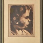 Uitz Béla (1887-1972): Kisgyermek portré. Rézkarc, papír, üvegezett keretben. Jelzett. 18x14cm
