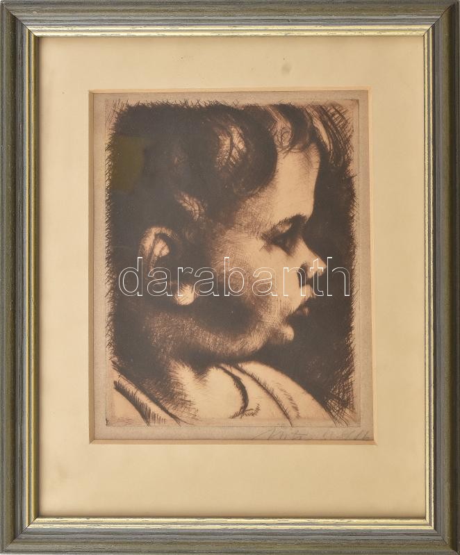 Uitz Béla (1887-1972): Kisgyermek portré. Rézkarc, papír, üvegezett keretben. Jelzett. 18x14cm