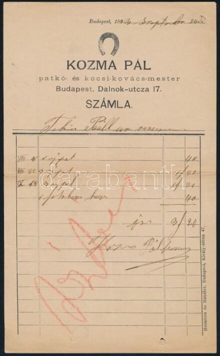 1896 Bp., Kozma Pál patkó- és kocsikovács mester fejléces számlája