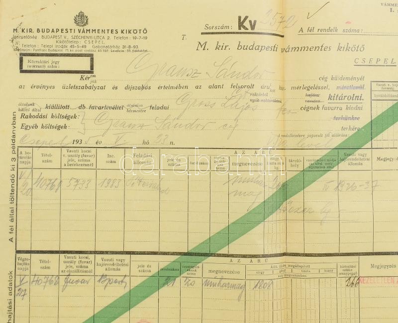 1935 Csepel, M. Kir. Budapesti Vámmentes Kikötő fuvarlevél, illetékbélyeggel - Image 2