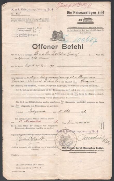 1918 K. u. k. Kriegsmappierung Nr. 4. által kiállított nyílt parancs