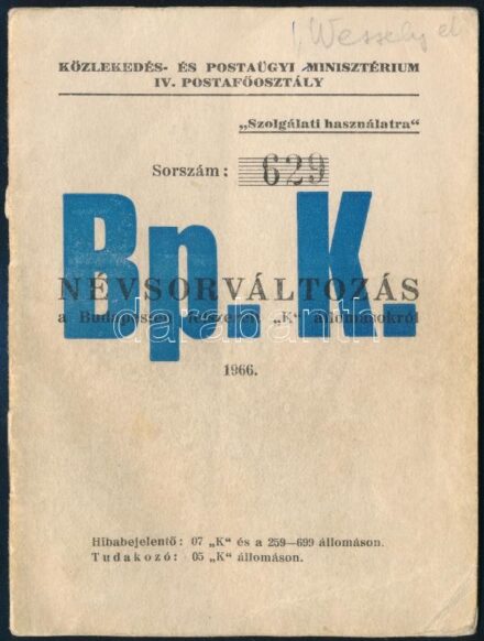 1966 Budapesten felszerelt K állomásokról. Titkos telefonkönyv.12 p.