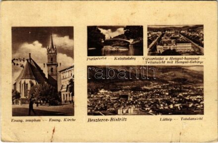 1943 Beszterce, Bistritz, Bistrita; Evangélikus templom, Park, Város részlet a Henyul-havassal, látkép. Gustav Zikeli kiadása / Lutheran church, park, general view (fa)