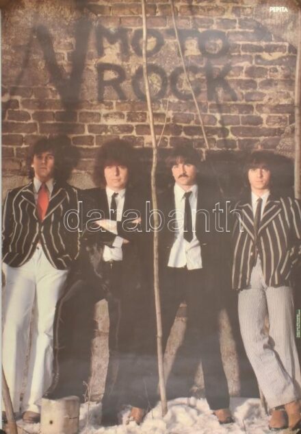 cca 1980 V'Moto-Rock (Demjén Ferenc,Menyhárt János,Herpai Sándor,Lerch István), magyar rock együttes plakátja, [grafikus: Koncz András, fotó: Diner Tamás], Pepita, Bp., Zrínyi, sarkain kis lyukakkal, a sarkak hátoldalán