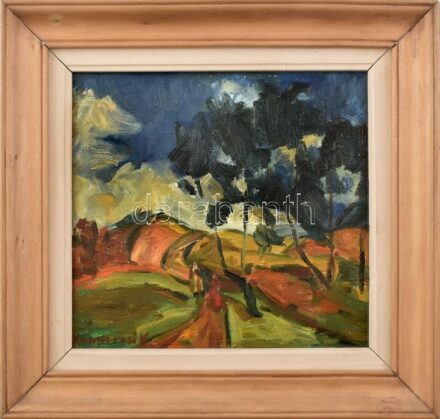 Kondorosi V. (Vilmos?) jelzéssel: Színes táj alakokkal. Erdély. Olaj, vászon, kopott keretben. 27x29cm