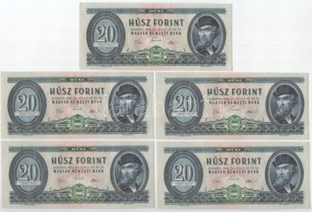 1969. 20Ft (5x) 'C 052 200596 - C 052 200600' sorszámkövetők T:II-III nyomdai papírránccal, szép papír Adamo F15