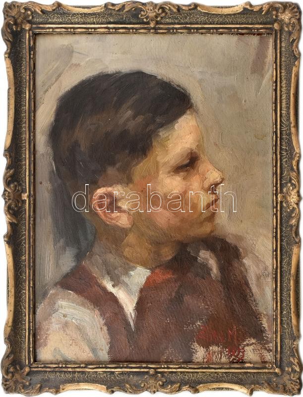 Zöld M. jelzéssel: Fiú portré. Olaj, karton, kopott keretben, 38x28cm