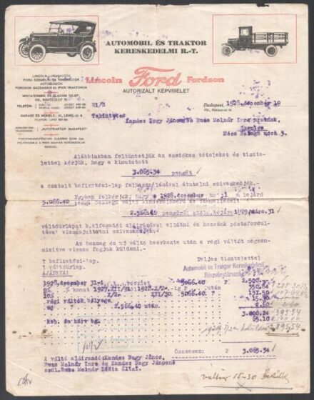 1928-1929 3 db fejléces 'Lincoln Ford Fordson', Automobil és Traktor Kereskedelmi Rt. számla, hajtott, foltos.