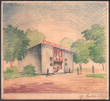 ifj. Szabó István jelzéssel: Községi Takarékpénztár pavilon terv, 1936. (Budapesti Nemzetközi Vásár). Ceruza, karton, 24x22 cm