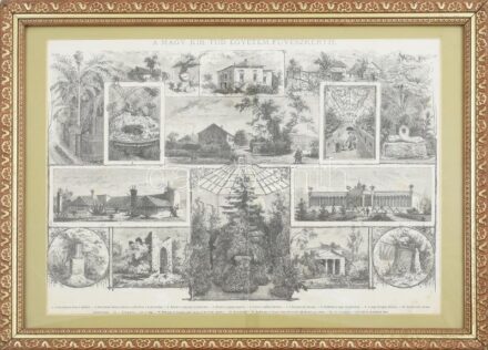 cca 1870-1890 A Magy. Kir. Tud. Egyetem Füvészkertje. Rotációs fametszet, papír, jelzett a nyomaton (Szenes F.) Paszpartuban, dekoratív, üvegezett keretben, 45x33 cm
