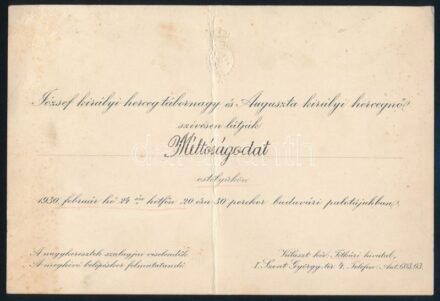 1930 Bp., Meghívó József kir. herceg és Auguszta királyi hercegnő estélyére, hajtott