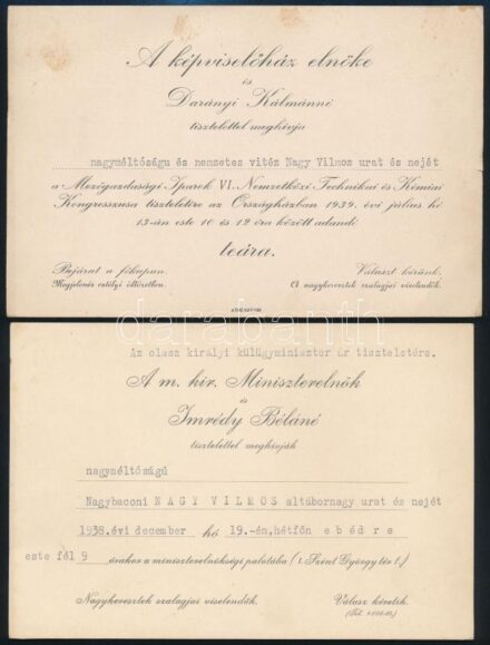 1938, 1939 Meghívók Nagybaconi Nagy Vilmos altábornagy és neje részére Imrédy Bélánétól és Darányi Kálmánnétól, 2 db