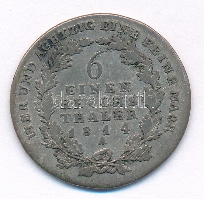 Német Államok / Poroszország 1814A 1/6T Ag 'III. Frigyes Vilmos' T:3 patina German States / Prussia 1814A 1/6 Thaler Ag 'Friedrich Wilhelm III' C:F patina Krause KM# 385 - Image 2