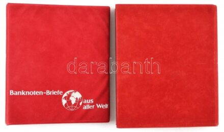'Banknoten Briefe aus aller Welt' piros, plüssborítású, négygyűrűs album 28db, osztás nélküli, berakólappal, plüssborítású tokban