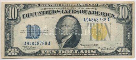 Amerikai Egyesült Államok 1934A 10$ 'A94848768A' 'Silver Certificate - kisméretű sárga pecsét, Észak-Afrikai katonai kiadás' 'William Alexander Julian - Henry Morgenthau Jr.' T:III kis szakadás, folt USA 1934A 10 Dollars 'A94848768A'