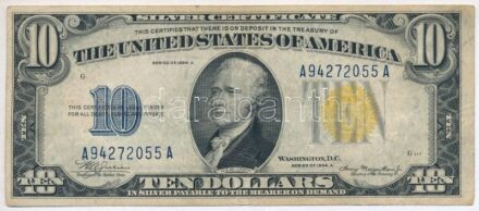 Amerikai Egyesült Államok 1934A 10$ 'A94272055A' 'Silver Certificate - kisméretű sárga pecsét, Észak-Afrikai katonai kiadás' 'William Alexander Julian - Henry Morgenthau Jr.' T:III folt USA 1934A 10 Dollars 'A94272055A' 'Silver Certificate