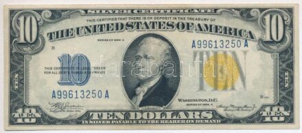 Amerikai Egyesült Államok 1934A 10$ 'A99613250A' 'Silver Certificate - kisméretű sárga pecsét, Észak-Afrikai katonai kiadás' 'William Alexander Julian - Henry Morgenthau Jr.' T:III kis szakadás USA 1934A 10 Dollars 'A99613250A' 'Silver