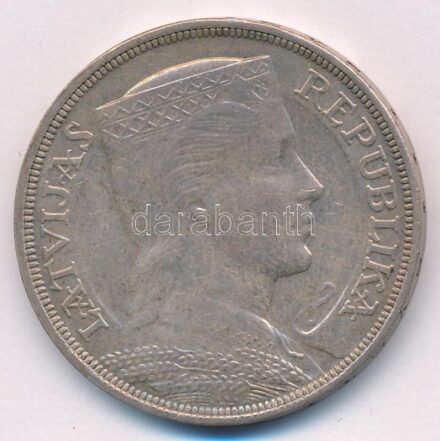 Lettország 1931. 5L Ag T:2 Latvia 1931. 5 Lati Ag C:XF Krause KM#9