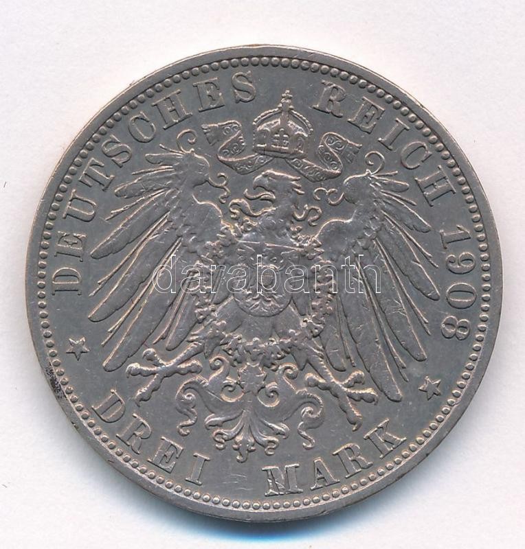 Német Államok / Bajorország 1908D 3M Ag 'Ottó' T:2 patina, ph. / German States / Bavaria 1908D 3 Mark Ag 'Otto' C:XF patina, edge error Krause KM#515 - Image 2