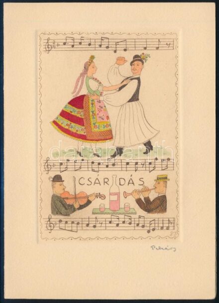Pekáry István (1905-19819: Csárdás. Rézkarc, akvarell, papír. Jelzett. Levelezőlap 10x12 cm